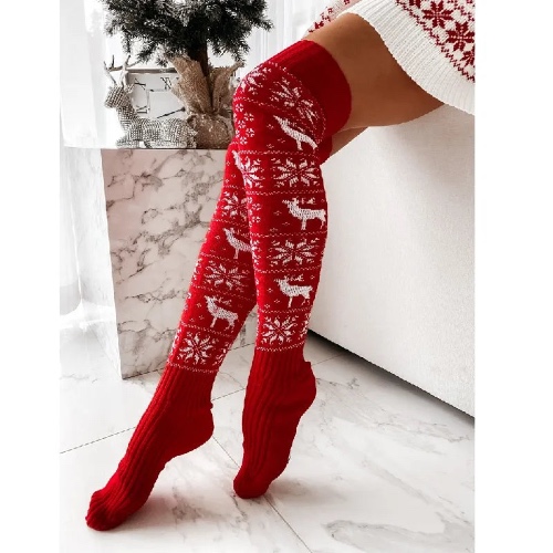 Cozy Reindeer Christmas Knitted Stocking Knee High Socks (Red, White, Gray) - RED