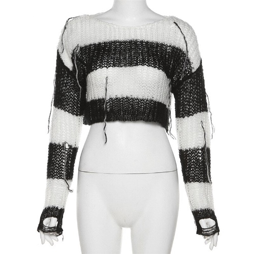 'From the Crypt' Striped Black & White Cropped Goth Sweater - Black / M