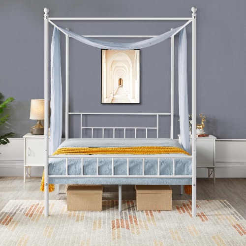 Yaheetech Metal Canopy Platform Bed Frame Four-Poster Canopied Bed Mattress Foundation with Headboard and Footboard Sturdy Slatted Structure No Box Spring Needed Easy Assembly Full White - Full White