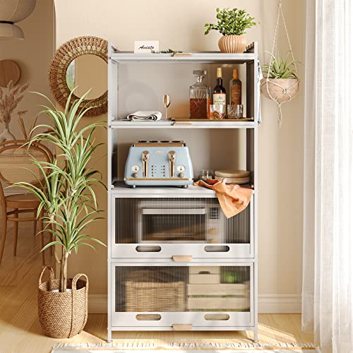 NETEL Bread Rack Coffee Station Microwaves Rack Storage Rack, 5 Tier Kitchen Organizer Shelf for Dishes, Wine, Pots and Pans with 4 Hooks White and with of Brakeable Casters - White 5-Tier