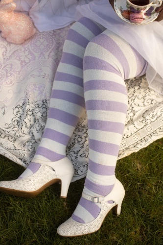 Extraordinarily Longer Striped Thigh High Socks | Lilac/Sweet Cream