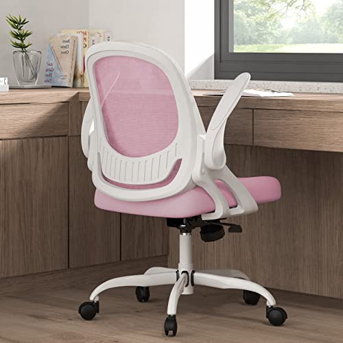 Home Office Chair Work Desk Comfort Ergonomic Swivel Computer Chair, Breathable Mesh Lumbar Support Task with Wheels and Flip-up Arms Adjustable Height - Pink