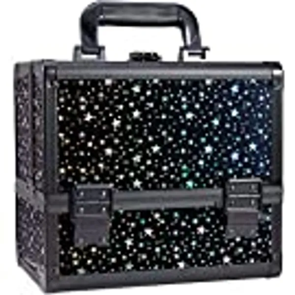 Joligrace Makeup Train Case Cosmetic Organizer Box Lockable 3-Tier Trays with Mirror and a Brush Holder - Holographic Iridescent Star
