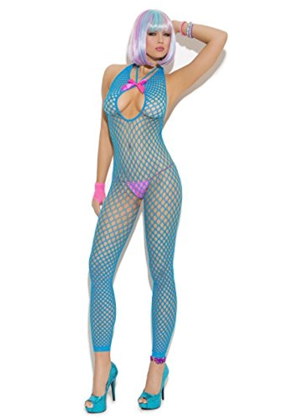 Elegant Moments Women's Crochet Bodystocking with Keyhole Neck and Satin Bow