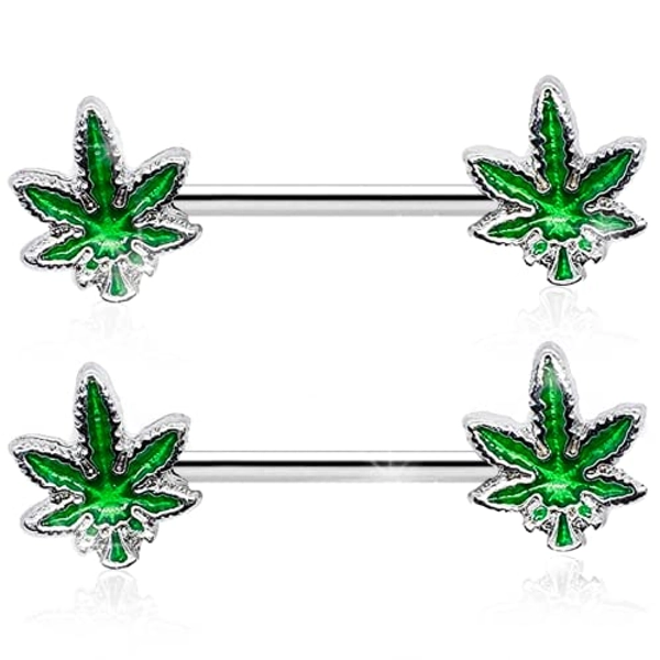 Pierce2GO 14G Nipple Piercing Surgical Stainless-Steel Set of 2 Barbell Marijuana Weed Cute Nipple Rings Nipple Piercing Jewelry for Women - 9/16" Barbell, Stainless Steel