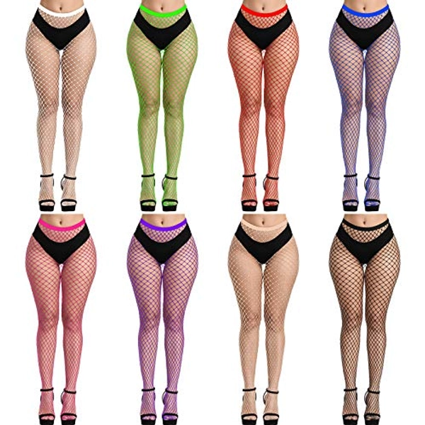 CHRORINE 8 Pcs Fishnet Stockings High Waist Tights 8 Color Fishnet Tights for Wome