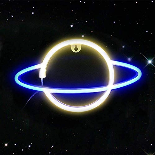Planet Neon Sign Night Lights - Fancci USB or Battery Operated Led Sign for Wall | Neon Signs for Bedroom Christmas Kids Room Baby Party Birthday Home Decor (Blue-Warm White)