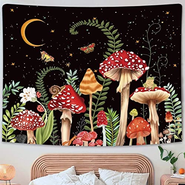 Miytal Mushroom Tapestry, Aesthetic Plant Moon and Stars Tapestries, Colorful Butterfly Tapestry Wall Hanging for Bedroom - 59.1" x 80" - Black