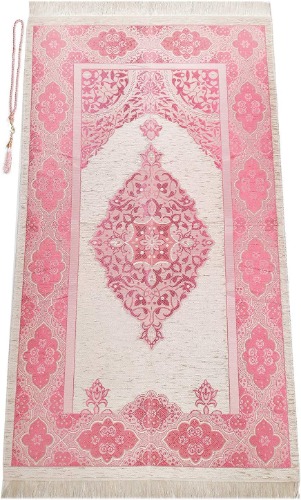 Muslim Prayer Rug with Prayer Beads | Janamaz | Sajadah | Soft Islamic Prayer Rug | Islamic Gifts | Prayer Carpet Mat, Chenille Fabric, Fuchsia