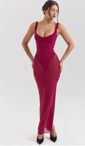 Robina Wine Stretch Mesh Maxi Dress