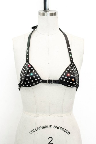 Petite Triangle Bra - Crystal | S / Black Leather / Silver