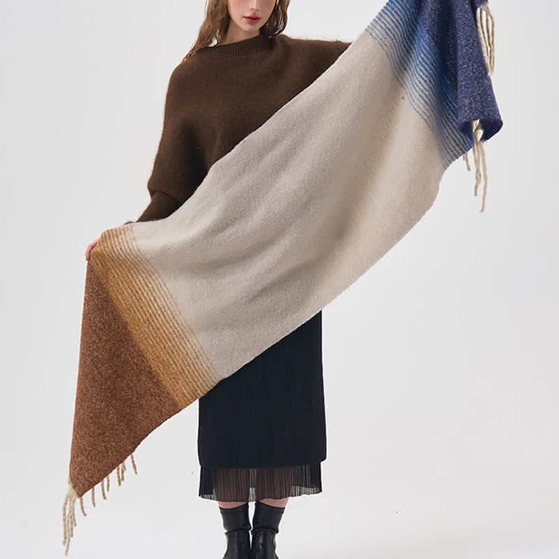 Women's Winter Soft Gradient Color Tassel Scarf | Blue/Ivory/Coffee