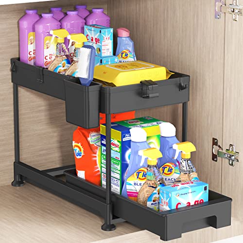 SPACEKEEPER Under Sink Organizer, Sliding Cabinet Basket Organizer 2 Tier Under Bathroom Storage Rack with Hooks, Hanging Cup, Dividers, Multi-purpose Storage Shelf for Bathroom Kitchen, Black - Black - 1