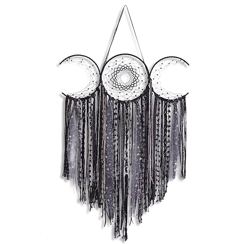 ANROYE Black Triple Moon Goddess Macrame Wall Hanging, Wicca Crescent Dream Catcher for Witch Home, Dreamcatcher for Bedroom Decoration, Pagan Woven Tapestry for Wiccan Adults Decor - Shadow Black