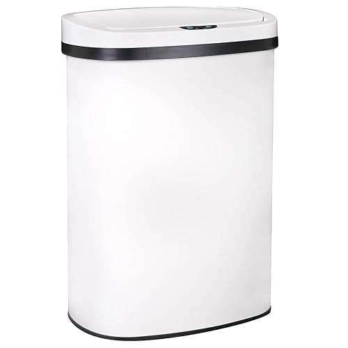 Kitchen Trash Can Office Bathroom Bedroom Waste Bin with Lid Automatic Sensor Touch Free Stainless Steel Garbage Can 13 Gallon / 50L,White - White - Stainless Steel