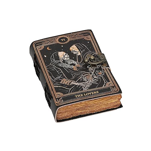 cuero Book of Spells Leather Journal Deckle Edge Paper Grimoire Printed Journal The Lovers Tarot Notebook Spiral Gothic Notebook Skull lover Antique Vintage Leather Journals for Men and Women - 7X5X1.5