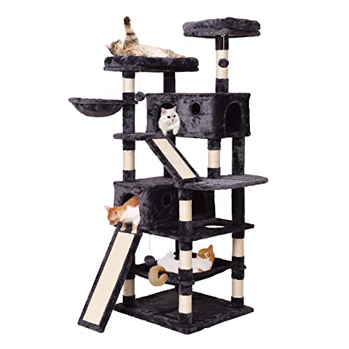 JISSBON Cat Tree Cat Tower 178cm, Multi Level Cat Scratching Post with Condos, Ladders, Basket, Hammock & Plush Perches for Kittens, Large Cats, Grey - Grey