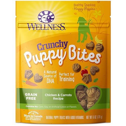 Wellness Crunchy Puppy Bites Natural Grain-Free Treats for Training, Dog Treats with Real Meat and DHA, No Artificial Flavors (Crunchy Chicken & Carrots, 6-Ounce Bag) - Chicken & Carrots - 6 Ounce (Pack of 1)