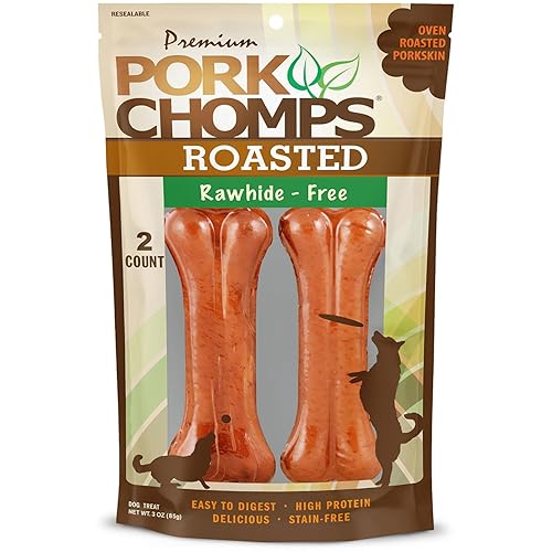 Pork Chomps Roasted Pressed Pork Skin Dog Chews, 4.5-inch Bone, 2 Count - Roasted Pork - 2 Count (Pack of 1)