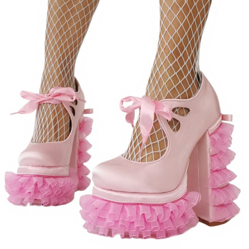 Lace Mesh Platform Mary Jane High Heels | Pink / US15
