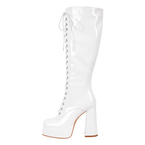 Square Toe Lace up Chunky Heels Boots | White / US15