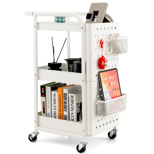 Giantax 3-Tier Rolling Cart, Utility Storage Organizer Cart w/ Dual DIY Pegboards, 2 Baskets, 4 Hanging Hooks, Art Craft Trolley w/ Handle & Lockable Wheels, for Kitchen, Garage, Office(White)
