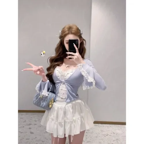 Innocent Blue White Mini Dress Cardigan Set