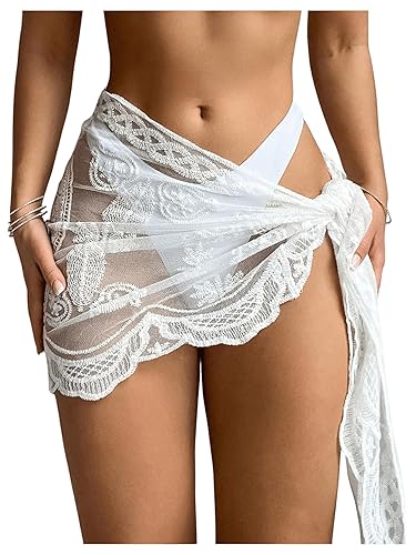 SHENHE Women's Lace Sheer Tie Side Cover Up Mini Skirt Loose See Through Beach Skirt - Medium - White