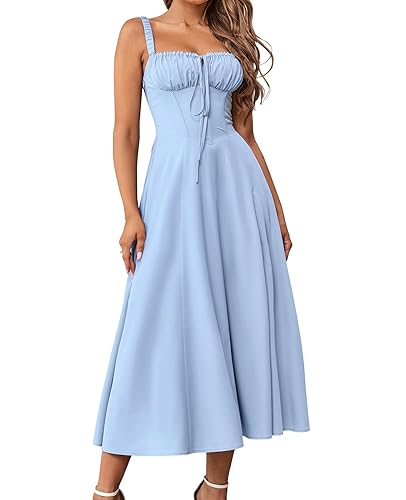 GLNEGE Women's Summer Corset Midi Dress Casual Lace Up Flowy Milkmaid Dresses A-Line Boho Sundress - Medium - Blue