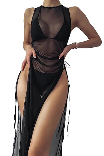 Women's Swimsuit Cover Up Mesh Maxi Dress Sheer High Split Bathing Suit Bikini Swimwear Cover Up Dress with Drawstring - 3-black - Medium