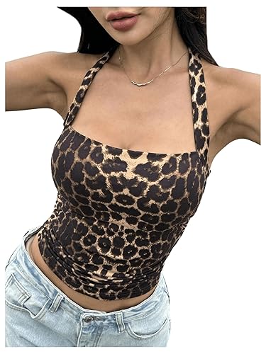 Floerns Women's Leopard Print Halter Top Y2k Sleeveless Vintage Club Crop Tank Top - Medium - Brown