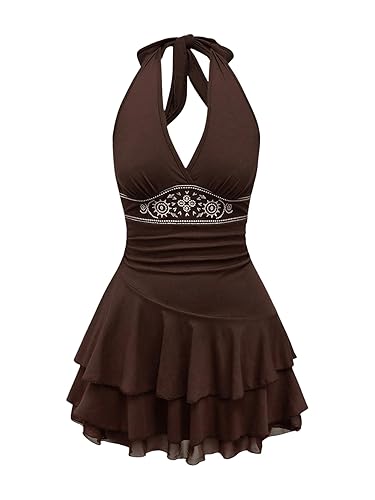 SOLY HUX Women's Summer Halter V Neck Flowy Mini Dress Tie Back Sleeveless A Line Dresses - Medium - Brown Printed