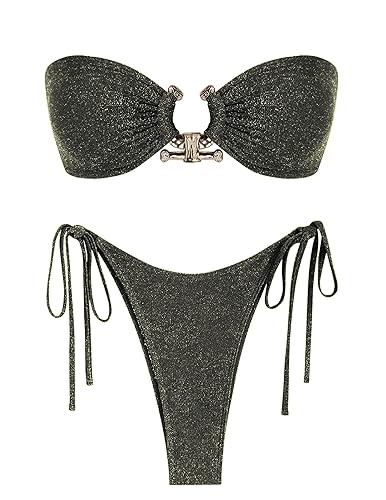 ZAFUL Metal Ring Bandeau Bikini Set Tie Side Bathing Suit High Cut 2 Piece Swimsuit Cutout Swimwear - Medium - Metallic Shiny Black