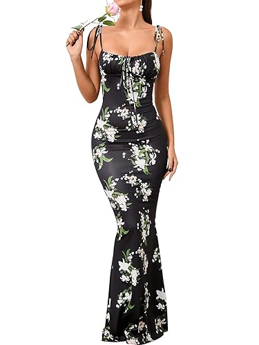 KUTUMAI Women's Summer Floral Bodycon Maxi Dress Spaghetti Strap Sleeveless Boho Long Dresses - Medium - Bkeiskei