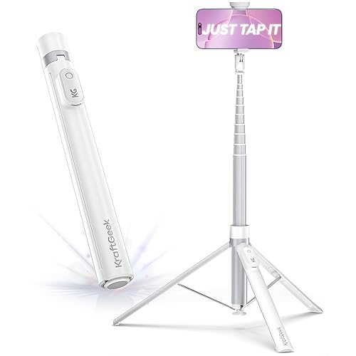 KraftGeek 66” Phone Tripod, Auto Open Selfie Stick for iPhone, Portable Travel Cell Phone Tripod Stand for iPhone 16 Pro Max Android, White - White