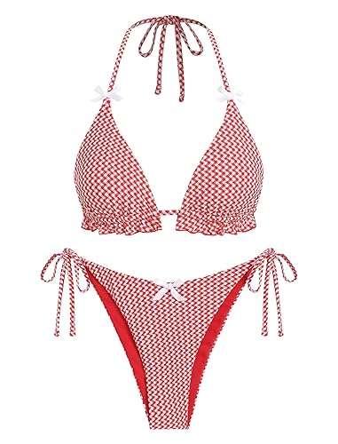 ZAFUL Bikini Sets for Women Halter Triangle Top Tie Side Thong Bottom Bow Decor Wave Texture 2 Piece Swimsuits - Red - Medium
