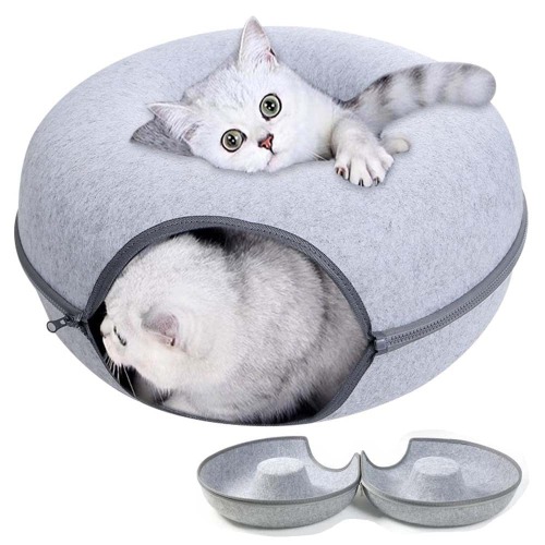 Removable Cat Nest,Round Donut Felt Pet Nest,Semi-Closed Washable Cat Tunnel Nest,Four Seasons Available Cat Nest For All Dogs Cats (24inch, Grey) - 24inch - Grey