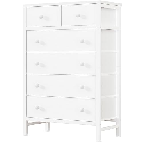 BOLUO White Chest of Drawers for Bedroom Dresser with 6 Drawer Fabric Dressers for Closet Girls Modern - 15.8"D x 26.8"W x 42.3"H - White
