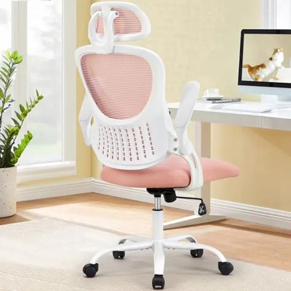 Sweetcrispy Office Computer Desk Chair, Ergonomic High-Back Mesh Rolling Work Chairs with Wheels and Adjustable Headrests, Comfortable Lumbar Support, Comfy Flip-up Arms for Home, Bedroom, Study, Pink - Pink - Classic