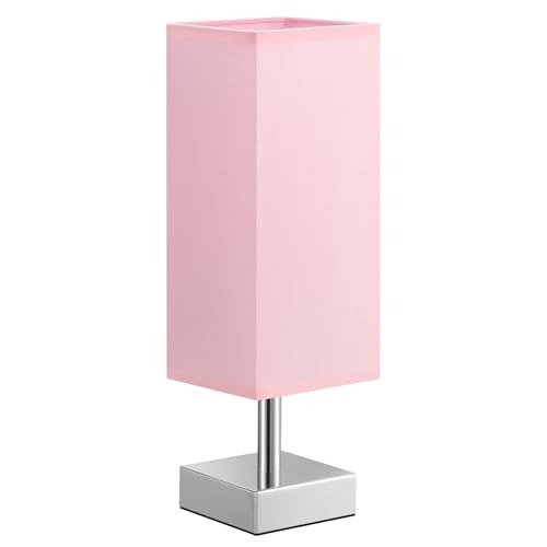 aooshine Pink Small Table Lamp for Bedroom - Bedside Lamps for Nightstand, Minimalist Night Stand Lamp with Square Fabric Shade, Desk Reading Lamp for Kids Room Dorm Nursery - G-Pink/Silver - 13.2in-Inline Cord Switch
