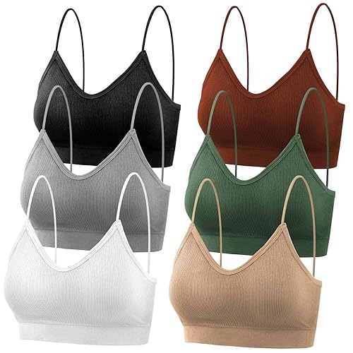 selizo Padded Bralettes for Women, 6 Pcs Sports Bras for Women Pack, V Neck Cami Bando Bra for Women Girls - Small-Medium - Black, White, Green, Gray, Beige, Caramel