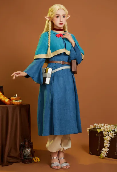 Delicious in Dungeon Marcille Donato Cosplay Costume Blue Dress Shawl with Pants and Bags Premium Ver