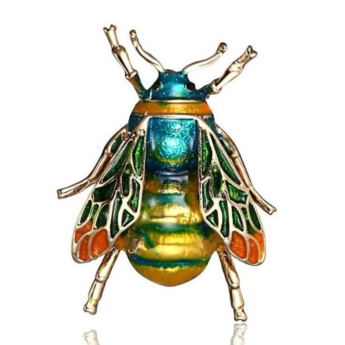 Enamel and 18k Gold Honey Bee Brooch - Teal and Gold