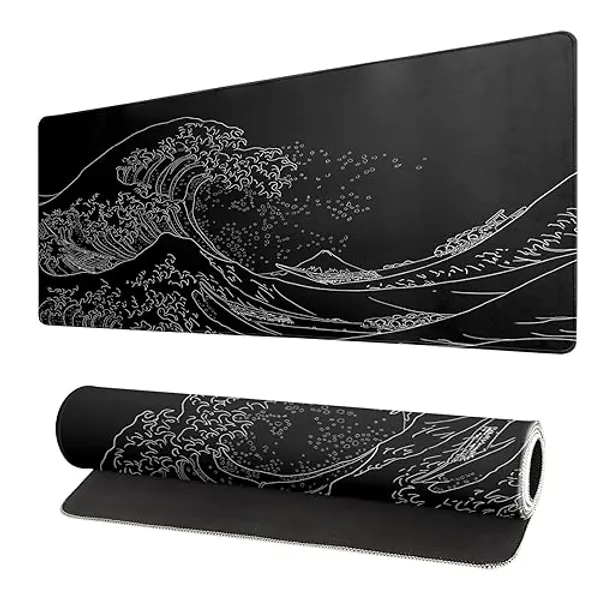 Brecoy Japanese Sea Wave Large Mouse Pad, Anime Black Gaming, Extended Kanagawa Mat Desk Pad, 3mm Thick Long Non-Slip Rubber Base Mice Pad, 31.5 X 11.8 Inch - Black Wave of Kanagawa