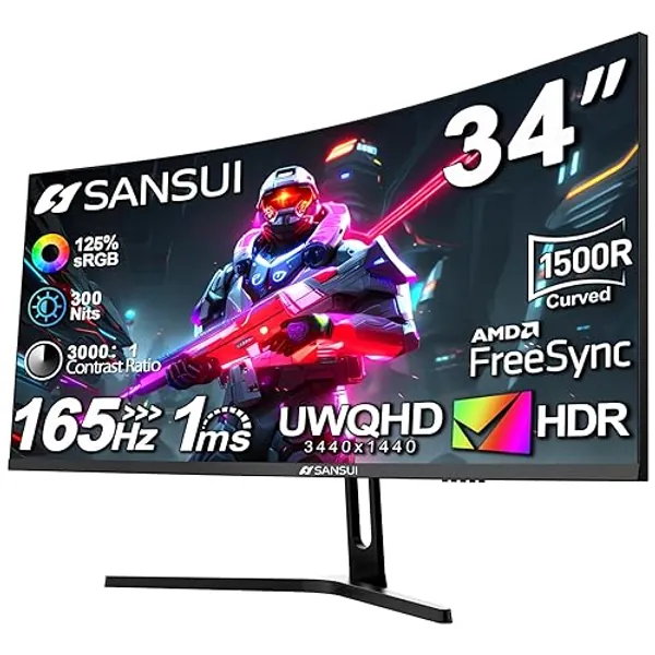 SANSUI 34-Inch Curved Gaming Monitor UWQHD 3440 x 1440 165Hz Curved 1500R - PIP/PBP, 1ms(MPRT), HDR, 300nits, sRGB 125%, DCI-P3 95%,FreeSync,HDMI x2,DP1.4 x2 (ES-G34C5 DP Cable Included) - 34in UWQHD Curved - 2K 165hz Curved Gaming Monitor