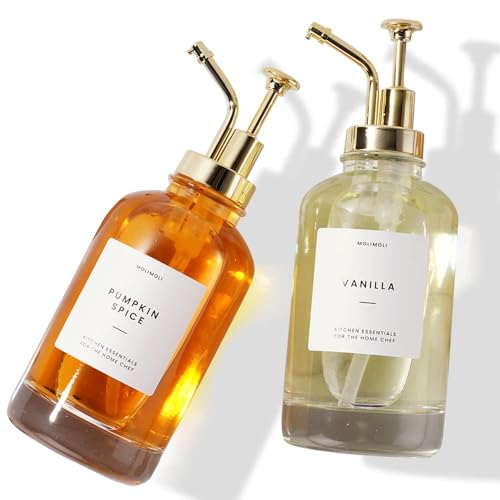 Molimoli Syrup Dispenser for Coffee Bars, Glass Syrup Bottle w. Pump, 16.9 oz 500 ml, Set of 2, Gold Upgraded Dispenser - Gold - 500ml, Set of 2