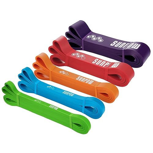 SUNPOW Pull Up Assistance Bands - Set of 5 Resistance Heavy Duty Workout Exercise Stretch Fitness Bands Assist Set for Body, Instruction Guide and Carry Bag Included - Multicolor（15-170lbs）