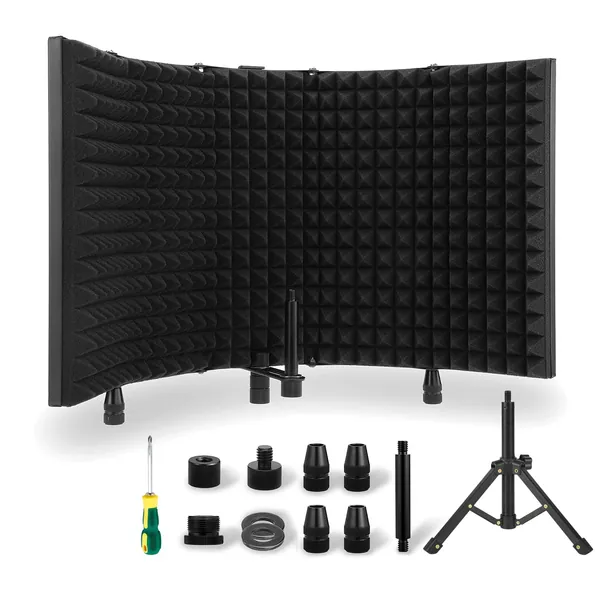 Microphone Isolation Shield with Tripod Stand,Mic Sound Absorbing Foam Equipment for Studio Sound Recording, Podcasts, Singing, Broadcasting, Foldable With 3/8" and 5/8" Mic Threaded Mount Pop Filter