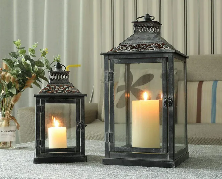 JHY Design Set of 2 Black with Grey Brush Decorative Lanterns, Metal Candle Lanterns for Indoor Outdoor, Events, Paritie and Weddings Vintage Style Hanging Lantern