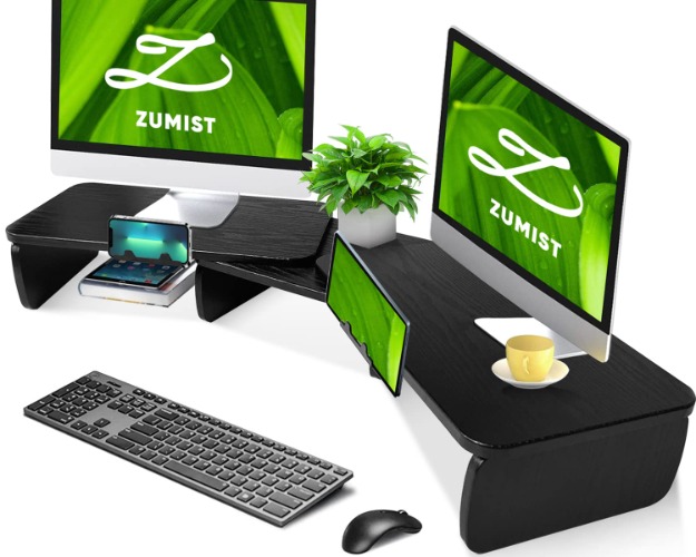 Zumist Dual Monitor Stand Riser, Computer Riser Desktop Stand Organizer, Monitor Computer Stand with PhonePad Holder, Wooden Desk Shelf for PC/Laptop/Printer Rise Swivel & Adjustable for Home Office